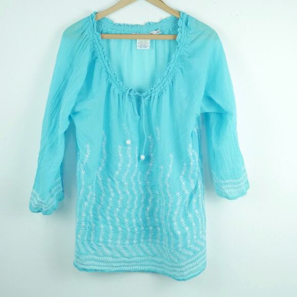 Gretchen Scott Tops - Gretchen Scott Large Top Cotton Gauze Embroidered Popover Sheer Blue Beachy